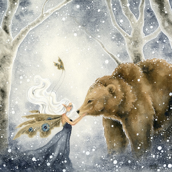 Fairy and Bear Art Print – Winter Forest Watercolor