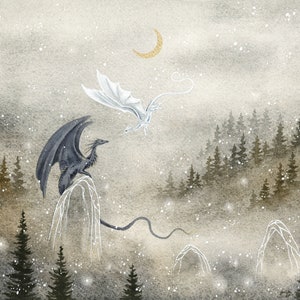 Dragon Art Watercolor Print - Of Snow and Myth - fantasy art. forest. wild. mythological. winter. wild. nature. fantastical.