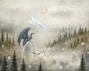 Dragon Art Watercolor Print - Of Snow and Myth - fantasy art. forest. wild. mythological. winter. wild. nature. fantastical.