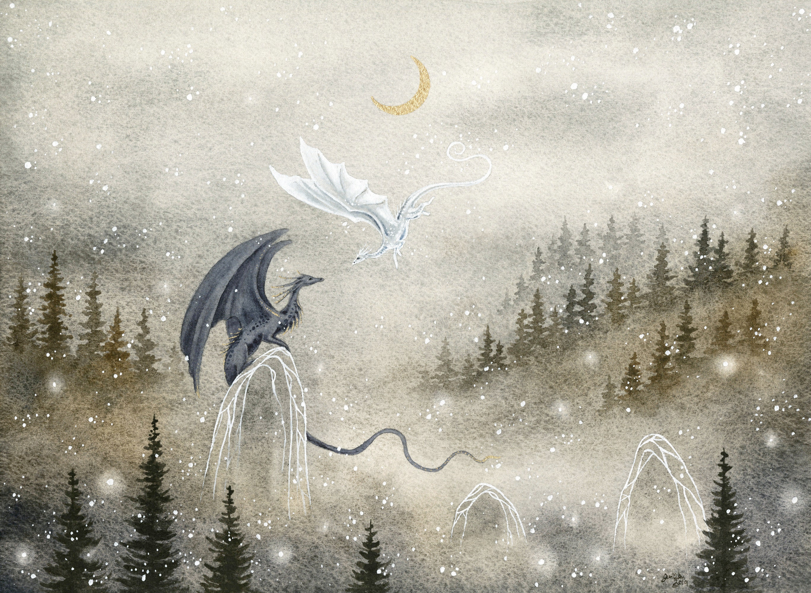 Dragon Art Watercolor Print of Snow and Myth Fantasy Art.