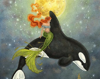 Mermaid Art Print - Sea Wolf Moon - fantasy art. whimsical art. illustration