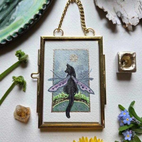 Cat Art Original Watercolor and Gouache Painting - A Wee Fairy Kitty - whimsical.