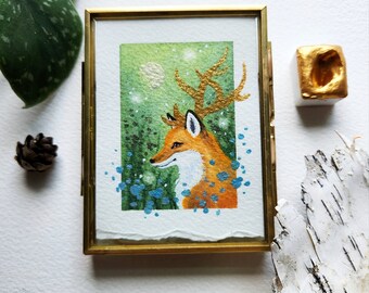 Fox Art Original Watercolor Painting - A Spring Fox - fantasy art. whimsical. miniature painting.