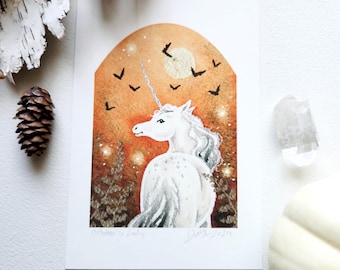 Lámina artística de unicornio - La dama de octubre - arte fantástico. arte caprichoso. arte de calabaza.