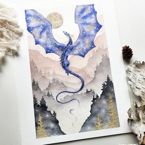 Dragon Art Print Hills of Whimsy fantasy art. watercolor art. whimsical art. illustration. image 2