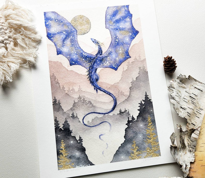 Dragon Art Print Hills of Whimsy fantasy art. watercolor art. whimsical art. illustration. image 2