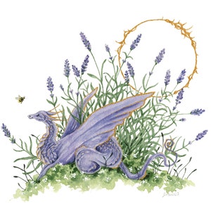 Dragon Art Print - Lavender Dragon - fantasy art. whimsical. flower art. illustration.