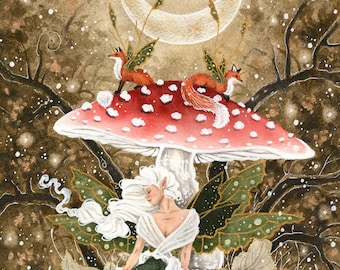 Fairy Art Watercolor Print -  November Magic - fantasy art. fox art. illustration.