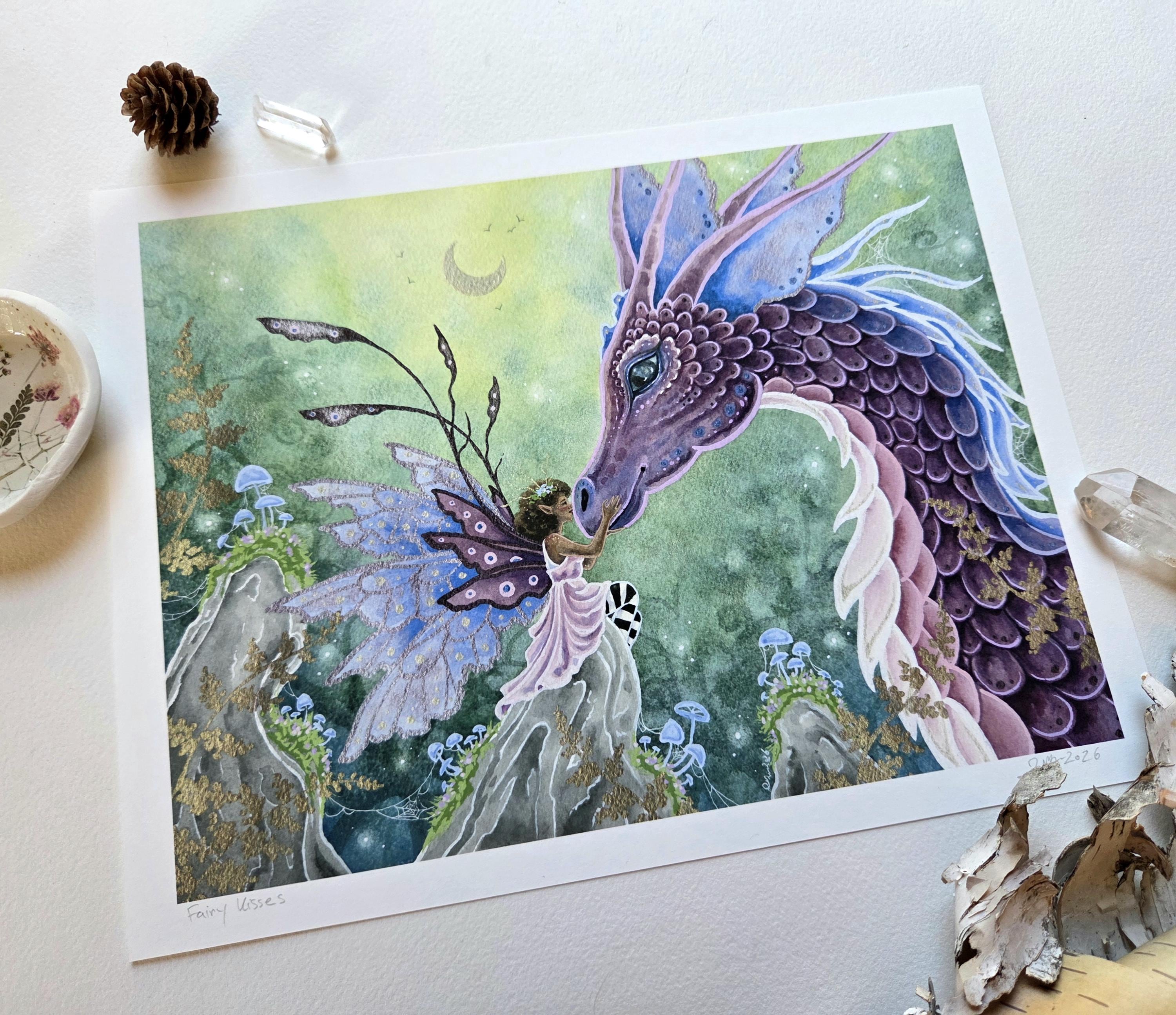 Dragon and Fairy Art Print - Whimsical Watercolor Illustration, Fantasy ...