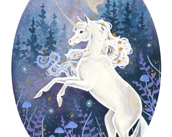 Unicorn Art Print - Lady of the Indigo Forest - fantasy art. whimsical art.