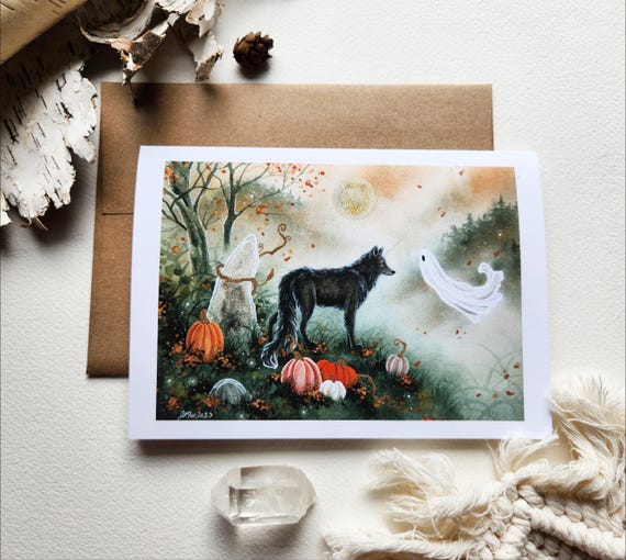 Wolf Art Note Card - Ghosty Meets a Wolficorn - Blank - A6 Size - whimsical art. fantasy art. halloween art.