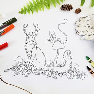 Fox Art Downloadable Coloring Page - fantasy art. dragon. fantastical. drawing. woodland. wild. magical.