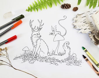 Dibujo para colorear descargable de arte de zorro - arte fantástico. dragón. fantástico. dibujo. bosque. salvaje. mágico.