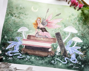 Fairy Art Original Watercolor Painting - Keepers of the Books - fantasy art. dragon art. illustration.