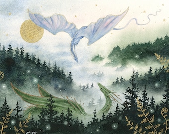 Dragon Art Print - Sky Meets Earth - fantasy art. watercolor art. whimsical art. illustration.
