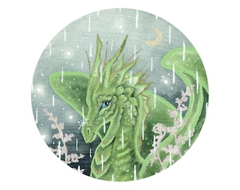 Dragon Art Print - Rainy Day Dragon - fantasy art. whimsical art.