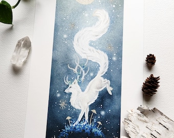 Fox Art Watercolor Print - Snowfall's Whimsy - fantasy art. whimsical. illustration.