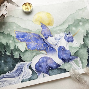 Unicorn Art Original Watercolor Painting - Wings of Stars - fantasy art. whimsical. illustration