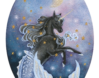 Unicorn Art Print - Celestial Merhorse - fantasy art. whimsical art. mermaid art.