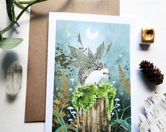 Hedgehog Note Card - Moonlit Hedgie - Blank - A6 - whimsical art. watercolor art.