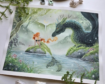 Mermaid Art Original Watercolor Painting - Hello Mermaid ll - fantasy art. whimsical art. dragon art.