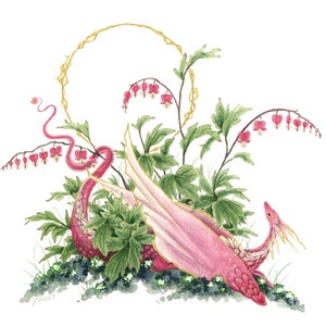 Dragon Art Watercolor Print - Bleeding Heart Dragon - fantasy art. whimsical. flower art. illustration.