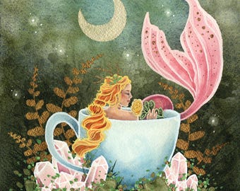 Mermaid Art Watercolor Print - Whimsy in Pink - fantasy art. whimsical art.
