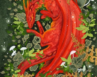 Flamme im ruhenden Feuer Drachen Kunstdruck – Aquarell Fantasy Gemälde