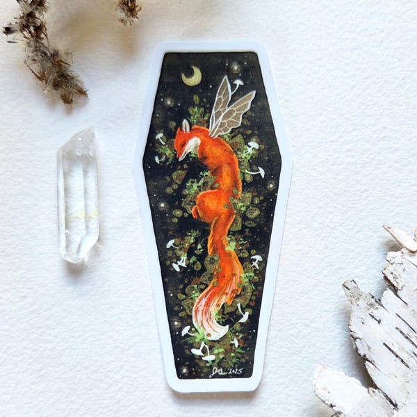 Fox Art Sticker - Coffin Foxy - fantasy art. whimsical art. watercolor art.