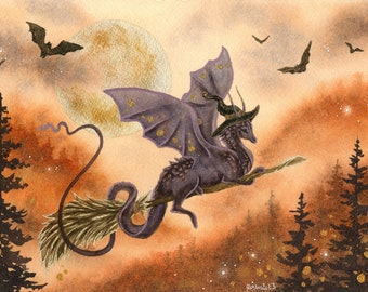 Dragon Art Watercolor Print - The Little Witch Dragon - fantasy art. whimsical. illustration.