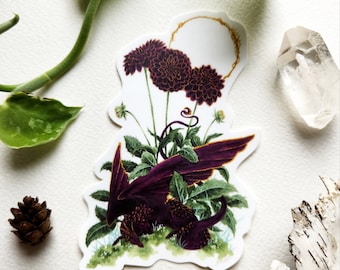 Dragon Art Sticker - Dahlia Dragon - fantasy art. whimsical. flower art.