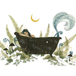 Mermaid Art Print - Bathtub Mermaid - fantasy art. ink art. whimsical. mythological. nature. wild.