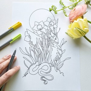 Dragon Art Downloadable Coloring Page fantasy art. flower art. whimsical. image 3