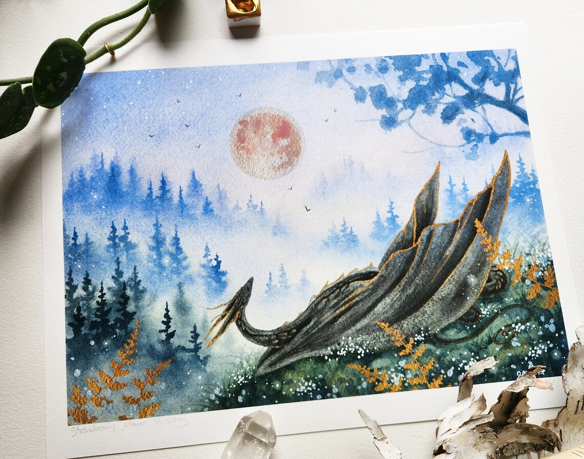 Dragon Art Print - Strawberry Moon Rising - Fantasy Art. Watercolor Art ...