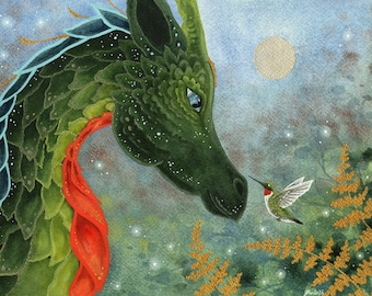Dragon Art Print - Hello Hummingbird - fantasy. watercolor. whimsical art.