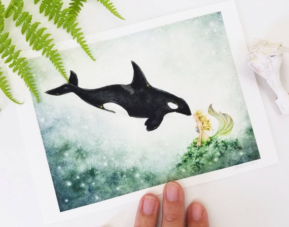 Mermaid Art Print Orca Kisses Fantasy Art. Whale. Magical