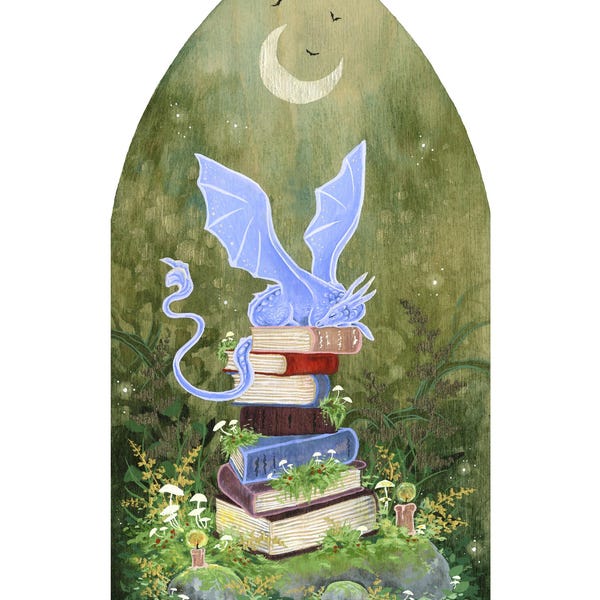 Impression d'art dragon - Au royaume des livres d'histoires - art fantastique. art fantaisiste. impression de rat de bibliothèque.