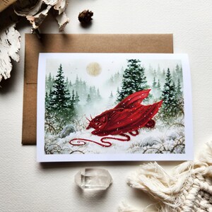 Tarjeta de nota de arte de dragón - Paz invernal - En blanco - Tamaño A6 - arte caprichoso. Arte de fantasía.
