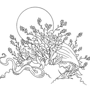 Puede incluir: Un dibujo en blanco y negro de un drag&oacute;n y una serpiente enroscados en un lecho de flores. El drag&oacute;n tiene una cola larga y una cabeza grande con un hocico puntiagudo. La serpiente est&aacute; enroscada alrededor del cuerpo del drag&oacute;n. Las flores est&aacute;n en flor y tienen p&eacute;talos delicados.