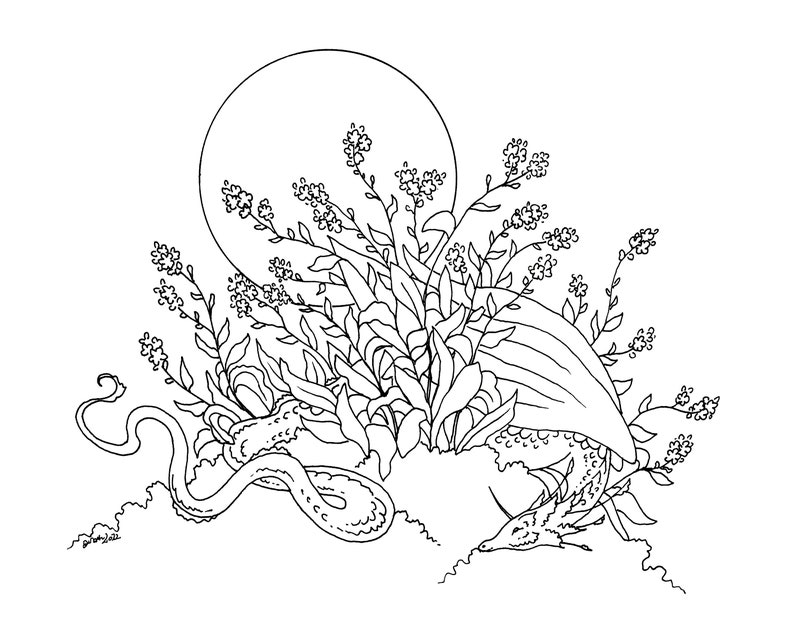 Puede incluir: Un dibujo en blanco y negro de un drag&oacute;n y una serpiente enroscados en un lecho de flores. El drag&oacute;n tiene una cola larga y una cabeza grande con un hocico puntiagudo. La serpiente est&aacute; enroscada alrededor del cuerpo del drag&oacute;n. Las flores est&aacute;n en flor y tienen p&eacute;talos delicados.