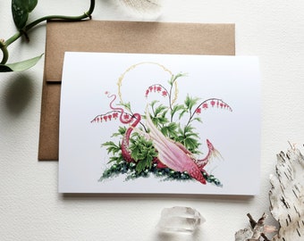 Dragon Note Card - Bleeding Heart Dragon - Blank - A6 - valentine's day. whimsical art. watercolor art.