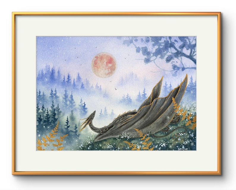 Dragon Art Print - Strawberry Moon Rising - Fantasy Art. Watercolor Art ...
