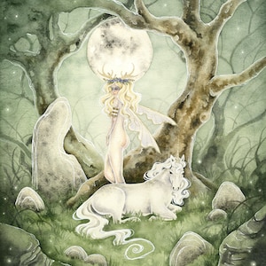 Unicorn Art Print - At Forest&#39;s Heart - fantasy art. watercolor art. fairy. magical. moon. woodland. illustration.