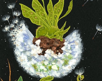 Impresión de acuarela de arte de dragón – Arte fantástico de perca de diente de león