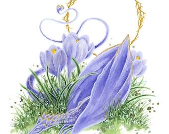 Dragon Art Print - Crocus Dragon - fantasy art. whimsical. flower art. illustration.