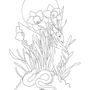 Dragon Art Downloadable Coloring Page fantasy art. flower art. whimsical. image 2