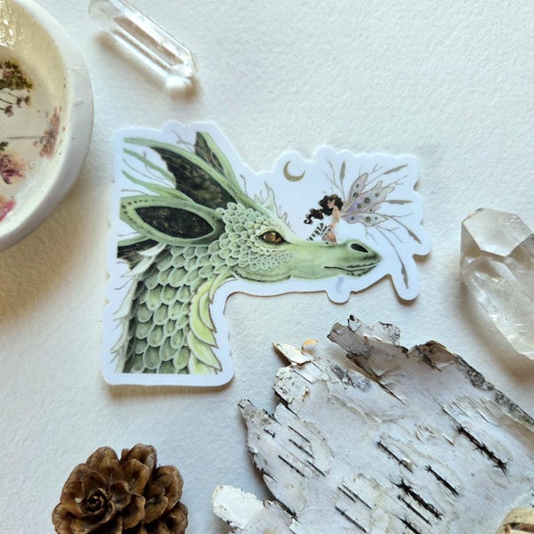 Fantasy Art Sticker - dragon art. fairy art. whimsical. watercolor.