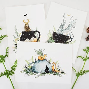 Whimsical Art Prints - Set of Three - fantasy art. kitchen art. dragon. bear. fox. nature. wild. woodland.