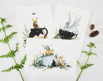 Whimsical Art Prints - Set of Three - fantasy art. kitchen art. dragon. bear. fox. nature. wild. woodland.