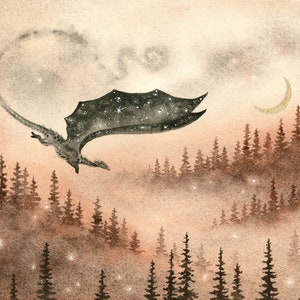 Fantasy Art Watercolor Print - Dusk Magic - dragon. wild. forest. nature. whimsical. fantastical. mythology.